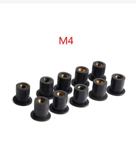 Brass motorcycle windshield nuts with black rubber expansion sleeves in three metric sizes