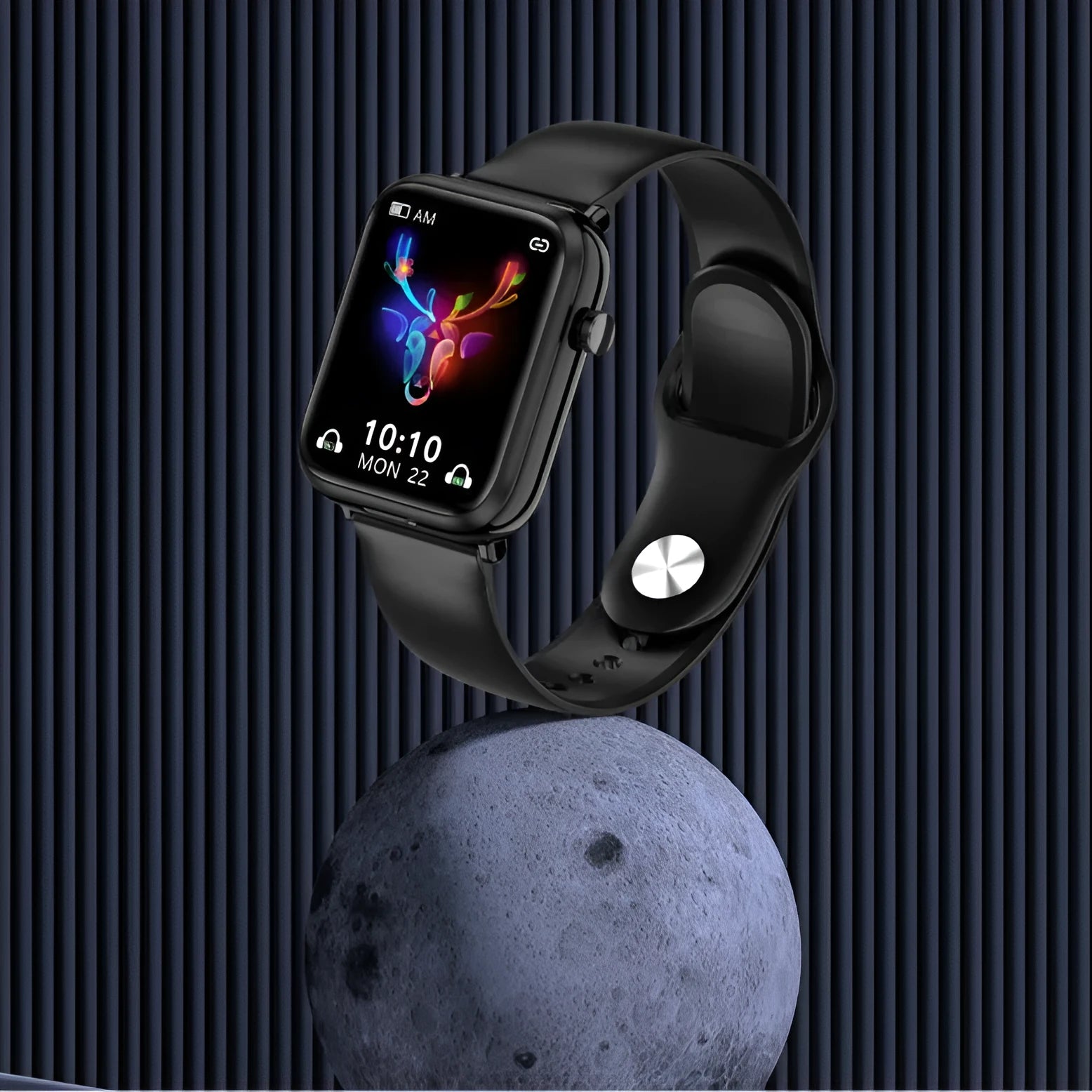 Black zinc alloy smartwatch with 1.69-inch touch screen showing heart rate data, next to its magnetic charging case.