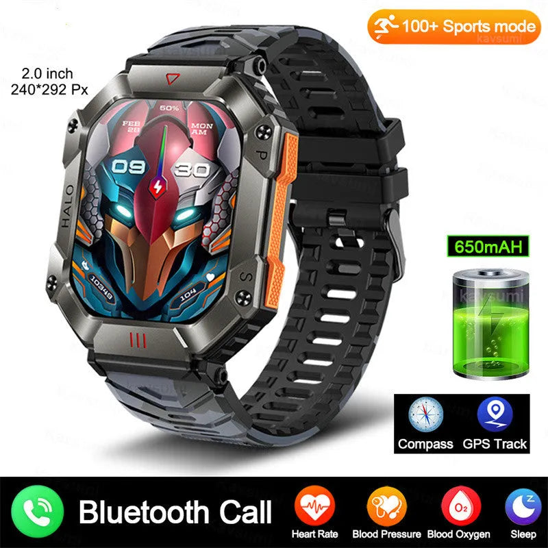 Android smart watch with GPS on wrist, showing titanium alloy case and black camouflage strap.