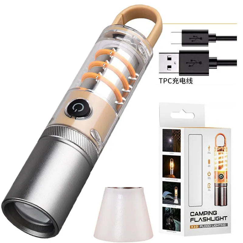 Orange and beige 10W dual light source flashlight with hook and optical zoom feature