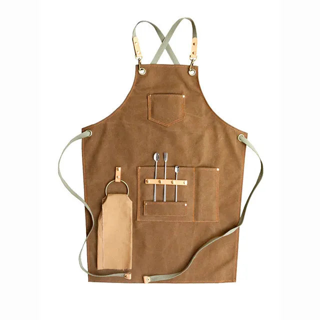 Canvas apron with cross back straps in camel colour