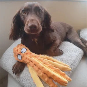 Blue octopus dog toy with squeaker and crinkle sounds for interactive play