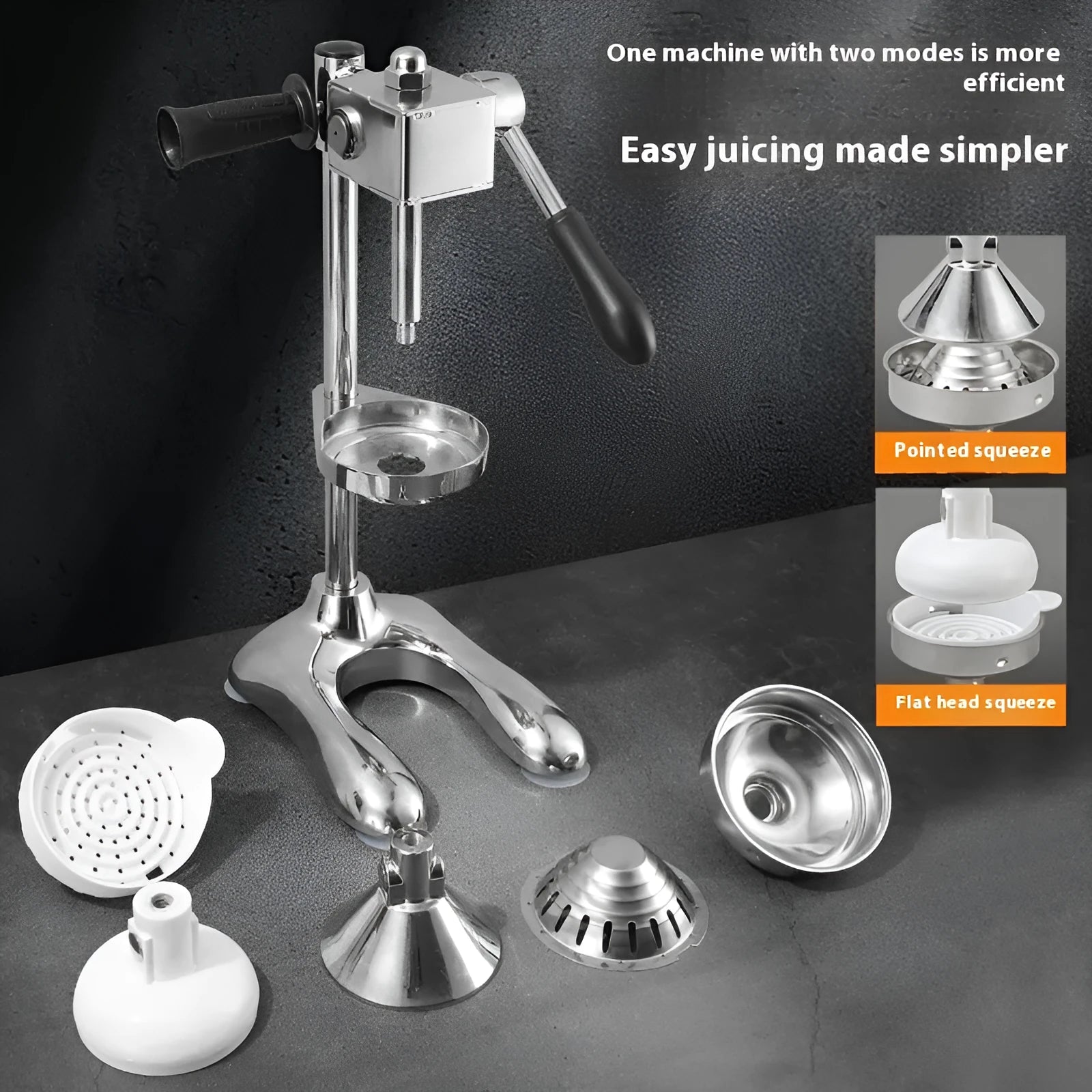 Vertical stainless steel manual juicer showing colour options and tip style variations