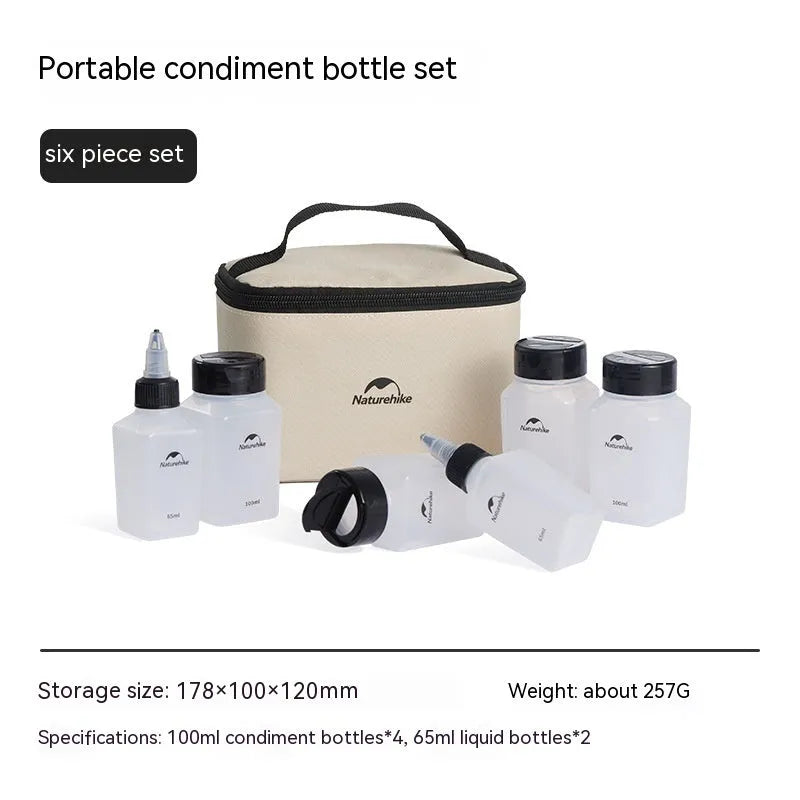 Naturehike six-piece portable seasoning bottle set made from white PP plastic for outdoor and kitchen use.