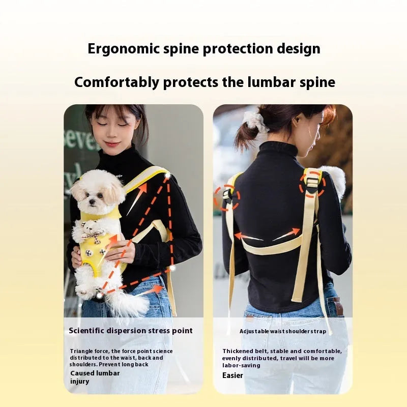 Cartoon animal pattern pet chest bag with adjustable ribbon straps in multiple colour variations