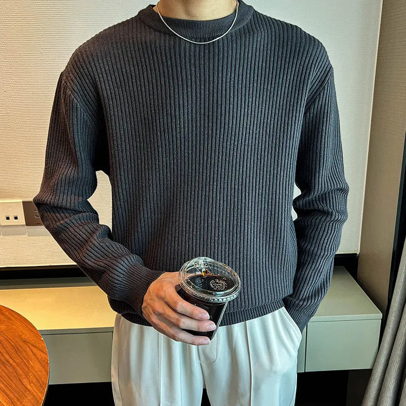 Men's thick bamboo fibre ice silk sweater in light gray, loose fit, round neck, striped pattern