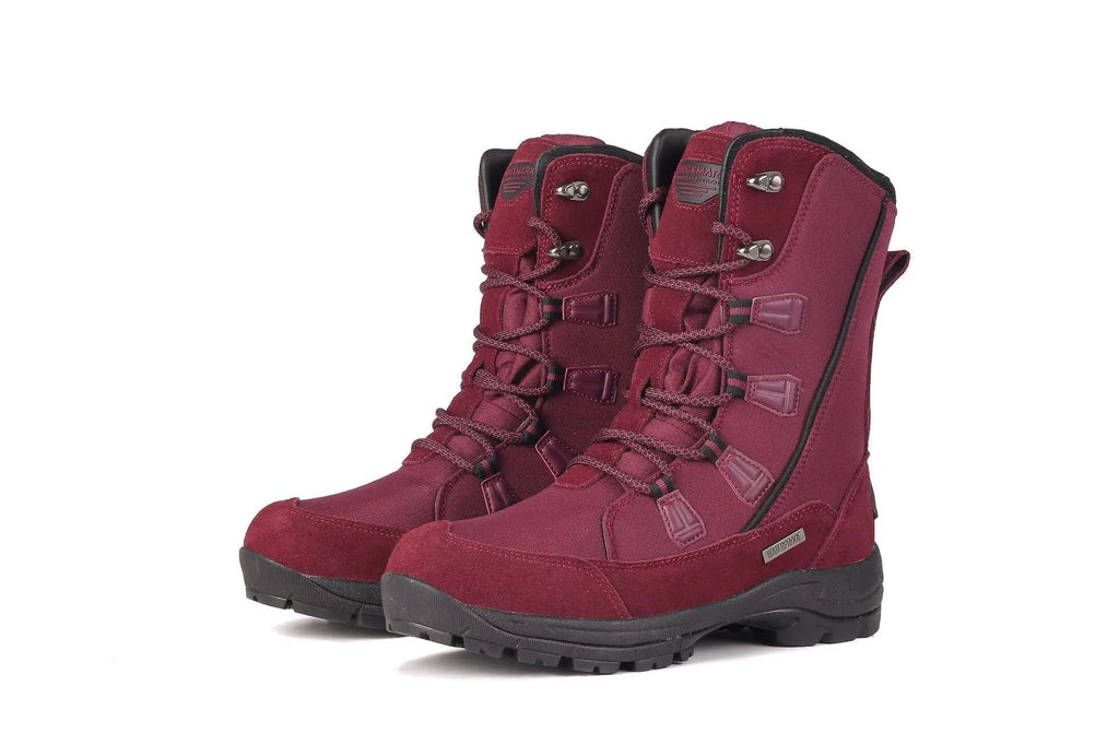 Women's mid-calf length black genuine leather thermal snow boots with a round toe and rubber sole