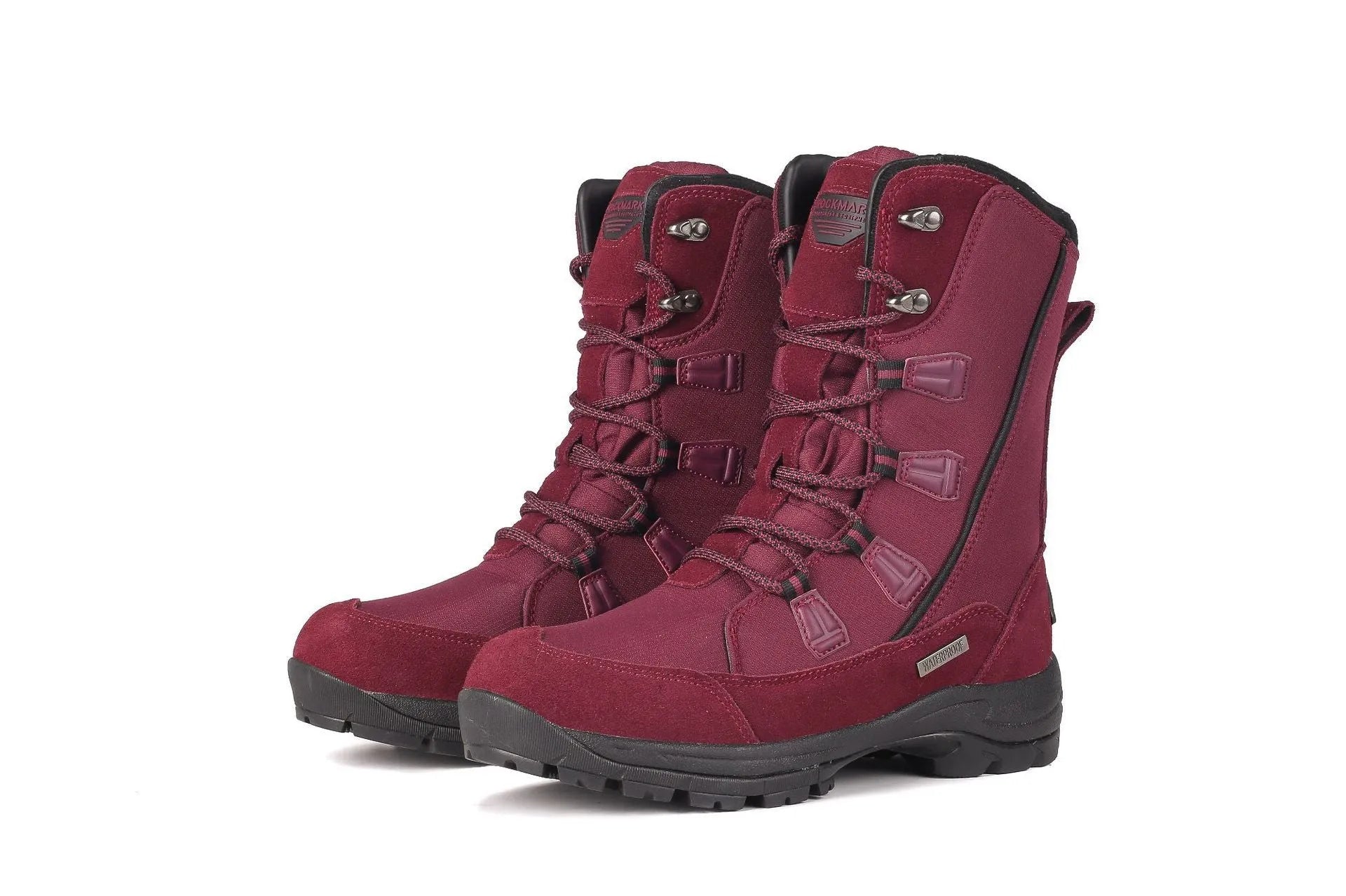 Women's mid-calf length black genuine leather thermal snow boots with a round toe and rubber sole