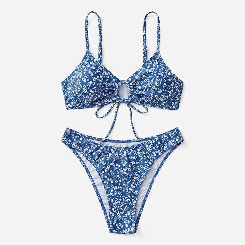 Blue three-piece swimsuit set without steel rings showing separate top and shorts pieces