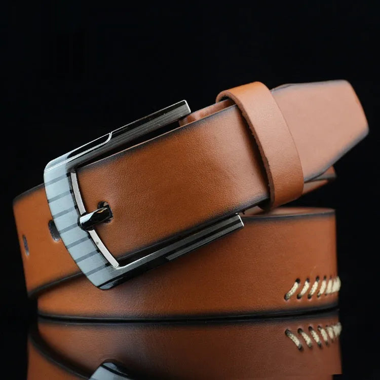 Men's threading casual belt with retro pin buckle in black imitation leather