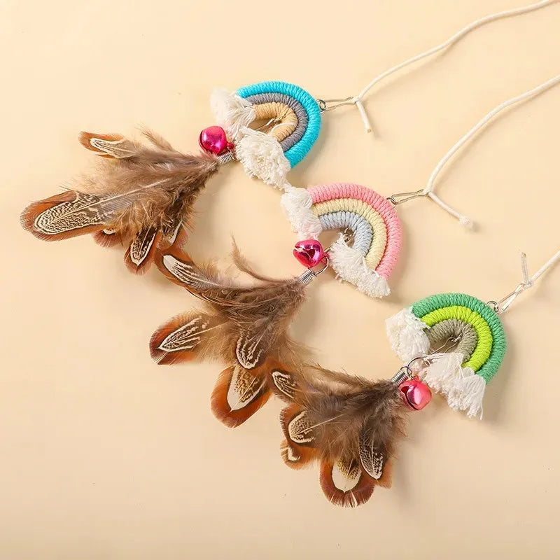 Feather cat rope door swing toy with elastic cord and sticky buckle clamp in blue, green and pink colours