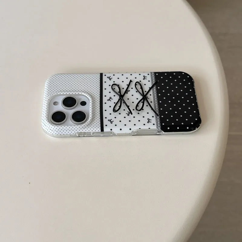 Black and white polka dot stitching stereo bow silicone phone case for iPhone