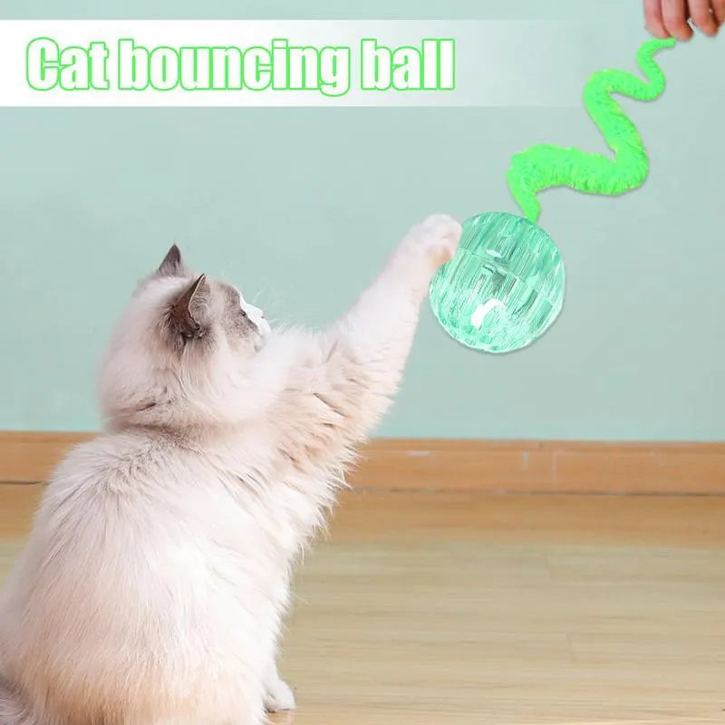 Interactive cat ball toy with worm tail attachment in green, pink, or purple colours