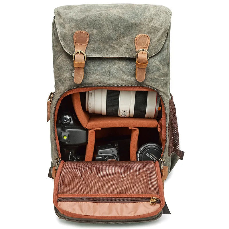 Canvas DSLR camera backpack in khaki colour showing backpack straps and main compartment