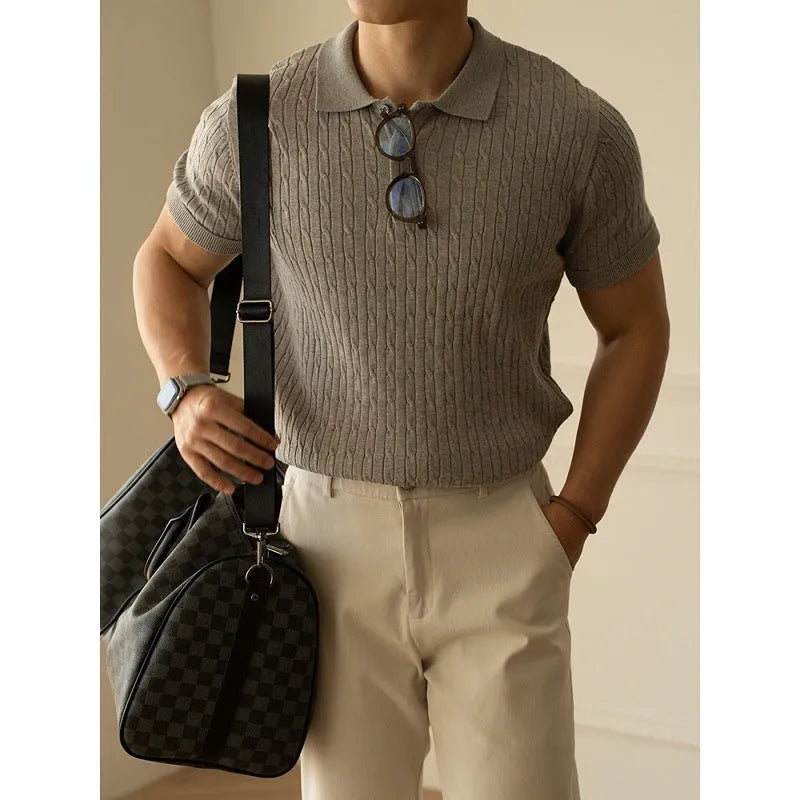 Men's khaki short sleeve business top showing Asian fit sizing for M L XL 2XL