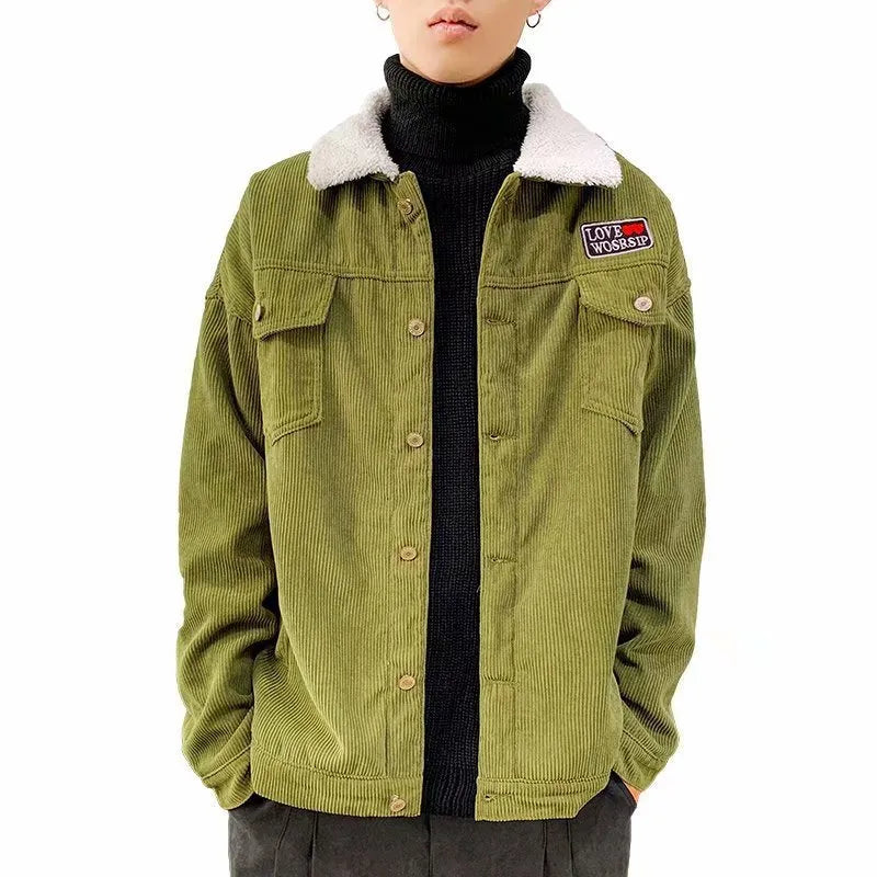 Men's loose fit corduroy workwear jacket in khaki colour with stick pockets