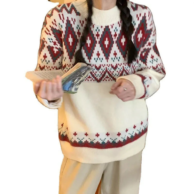 Loose retro striped pullover knitted top with long sleeves in white colour option