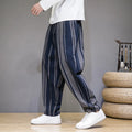 Men's navy blue and black striped wide-leg casual trousers with mid waist, laid flat.