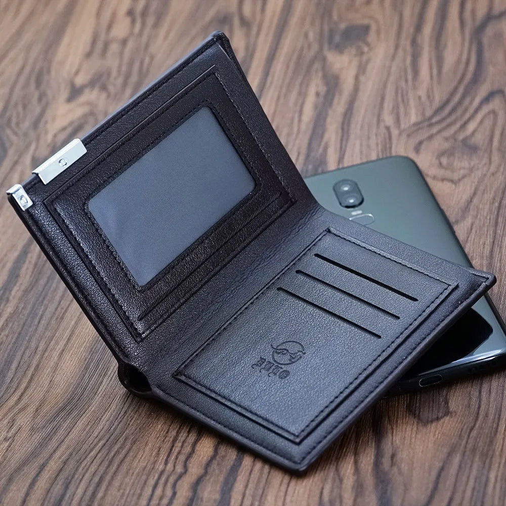 Men's brown leather wallet with a silver zip and seven visible card slots.