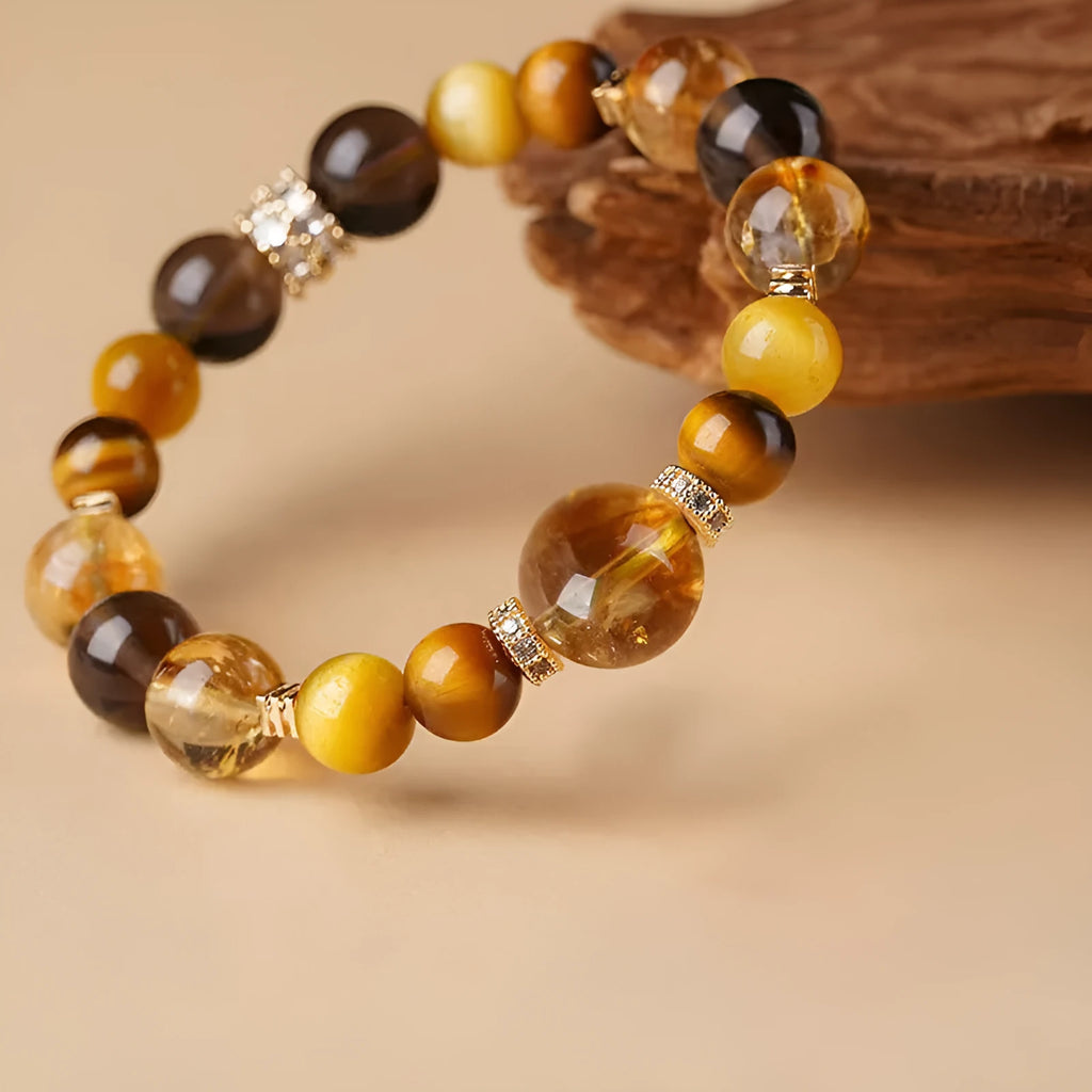 Natural yellow crystal tiger-eye geometric bracelet in 10mm and 12mm unisex sizes