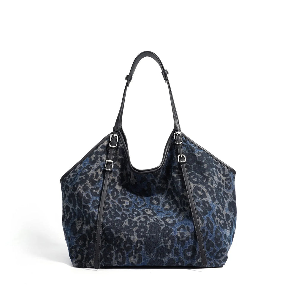 Denim women's patchwork casual crossbody bag in shell shape, black and camouflage colours