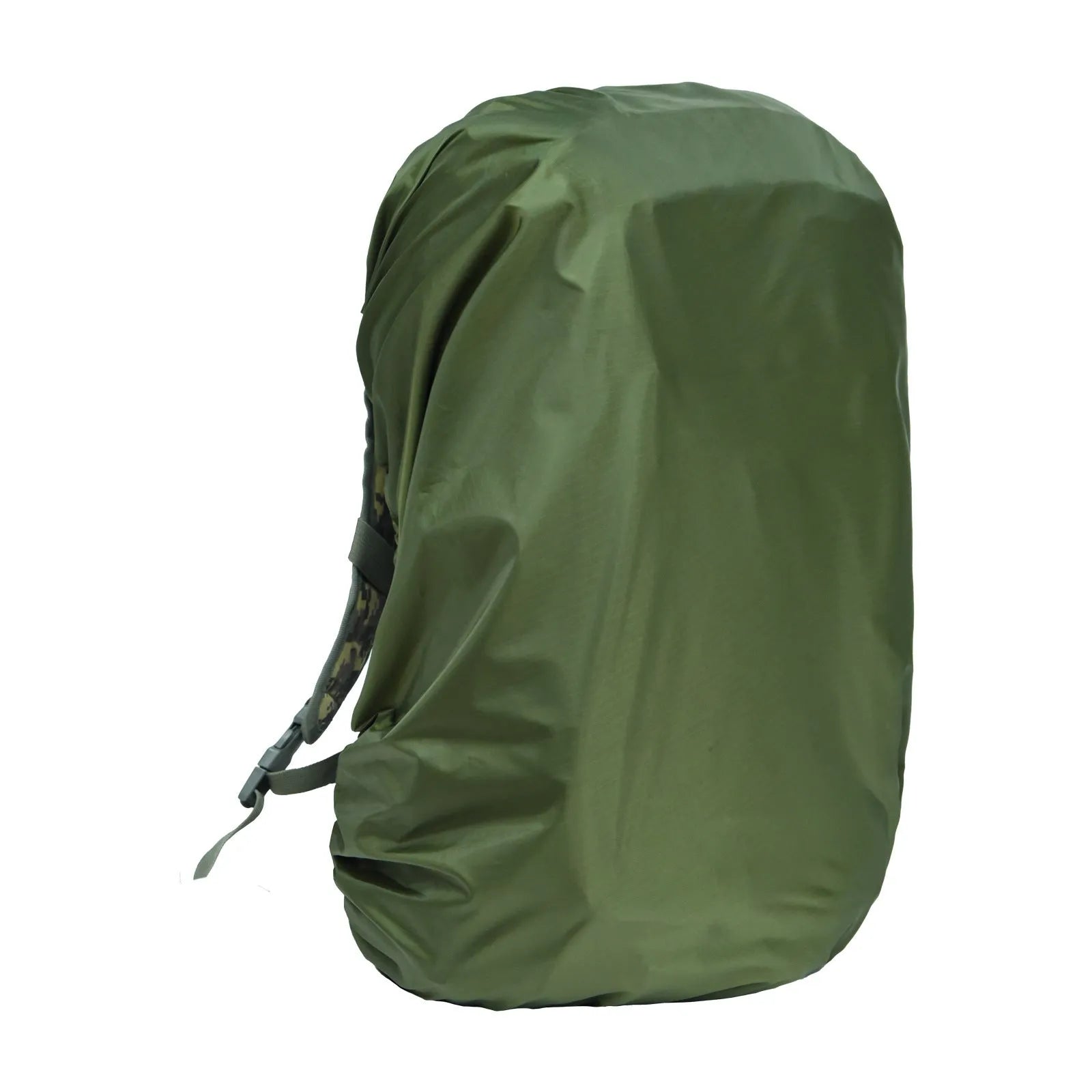 Army green waterproof backpack rain cover shown alongside a large hiking backpack.