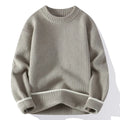 Men's loose fit knit sweater in polyester blend fabric showing round neck and long sleeve design