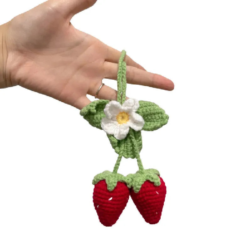Handmade strawberry-shaped car decoration pendant woven from cotton and hemp knitting wool