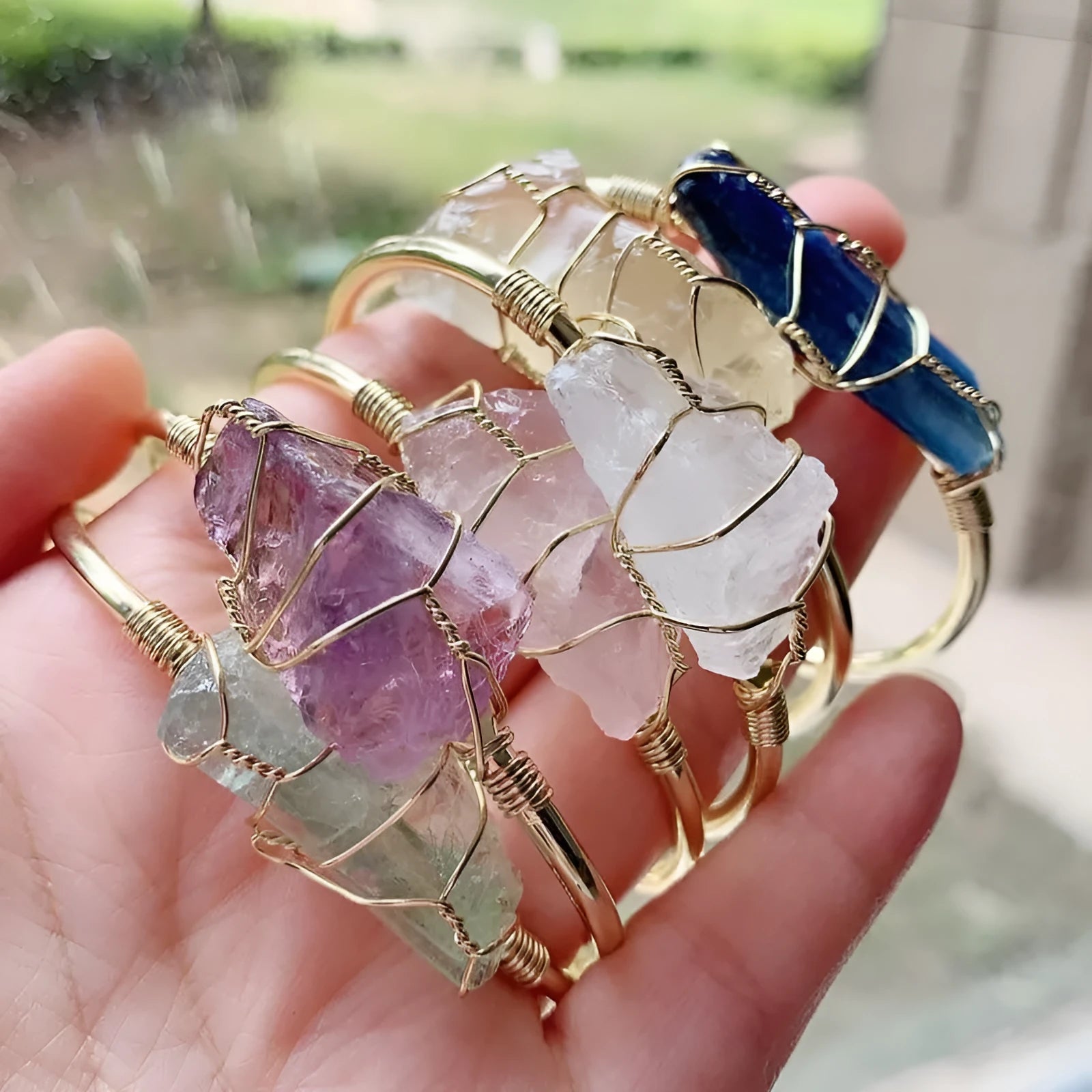 Natural crystal rough stone bracelet with gold wire wrapping in geometric bohemian design