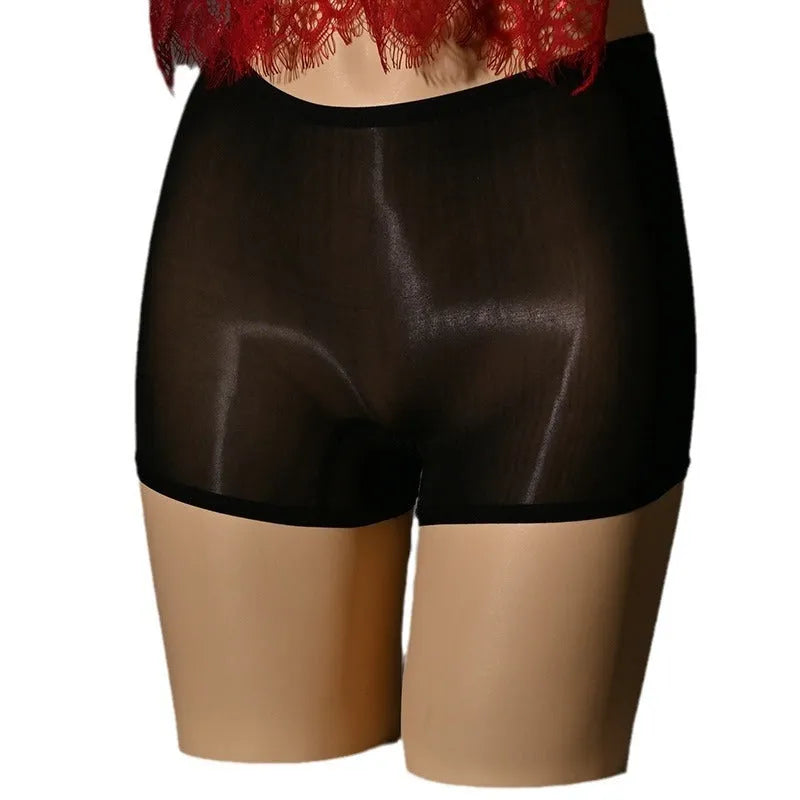 Shiny men's seamless underwear stockings in multiple colours on a mid waist model