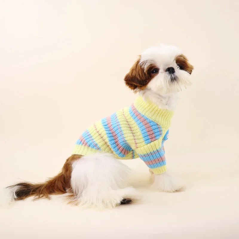Blue and yellow striped wool dog sweater shown on a small white dog, sizes XS to XXL.