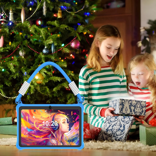 Sapphire blue silicone protective case for a 7-inch children's tablet showing the flat strap attachment point.