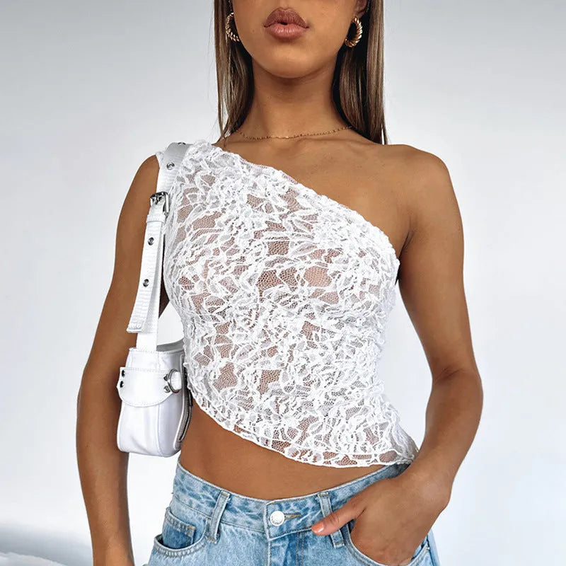 Women's lace backless sleeveless top with asymmetrical neckline in solid colour options