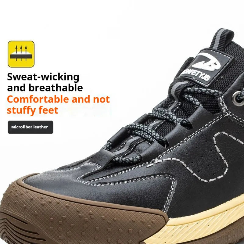 Flyknit safety work shoe with leather upper and rubber sole in black colour
