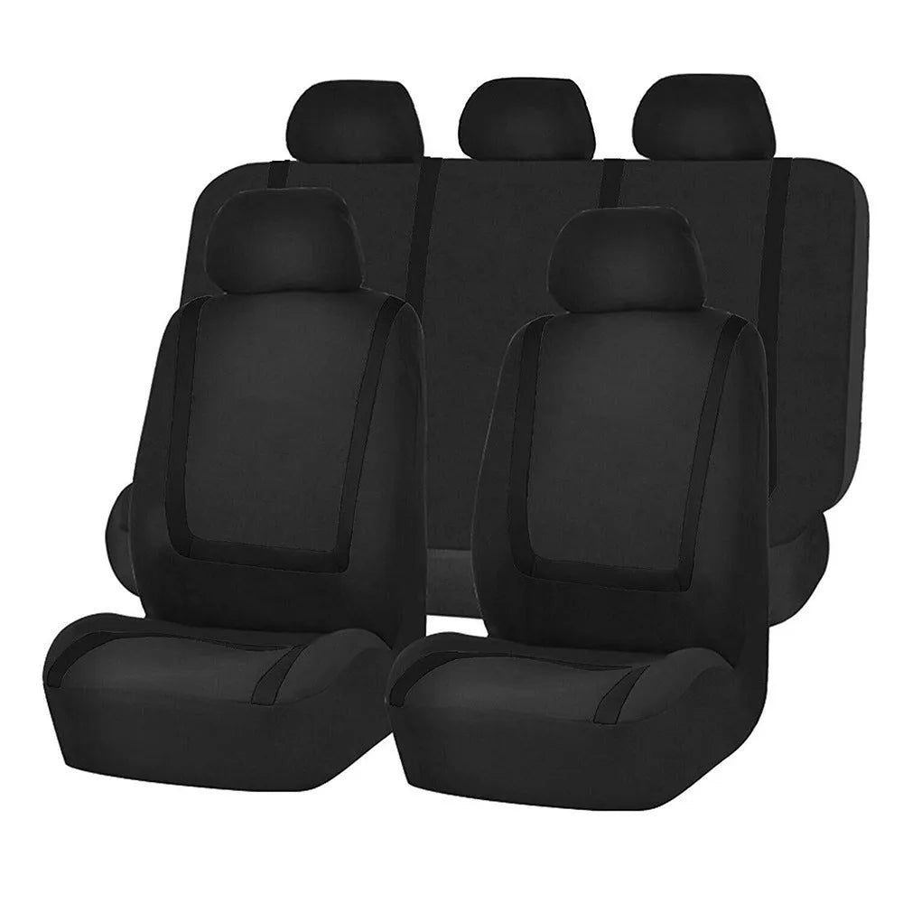 Universal fabric car seat cover set showing headrest and seat panels in a two-tone colour option