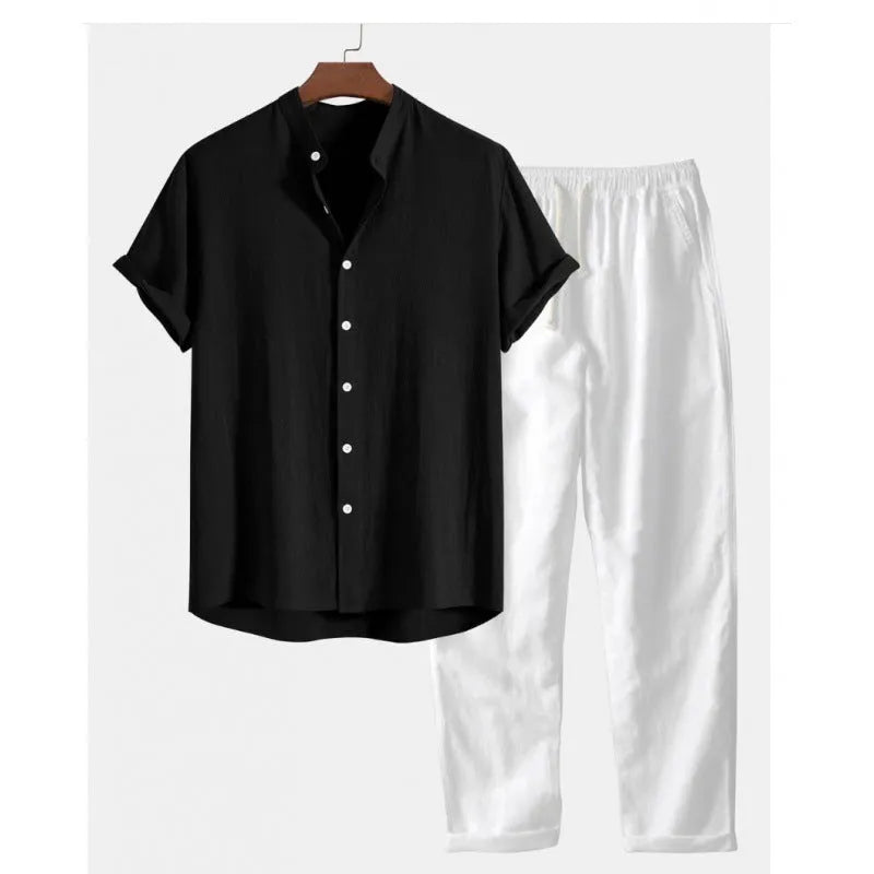 Men's casual linen-blend suit with short sleeve shirt and loose trousers in multiple colour options