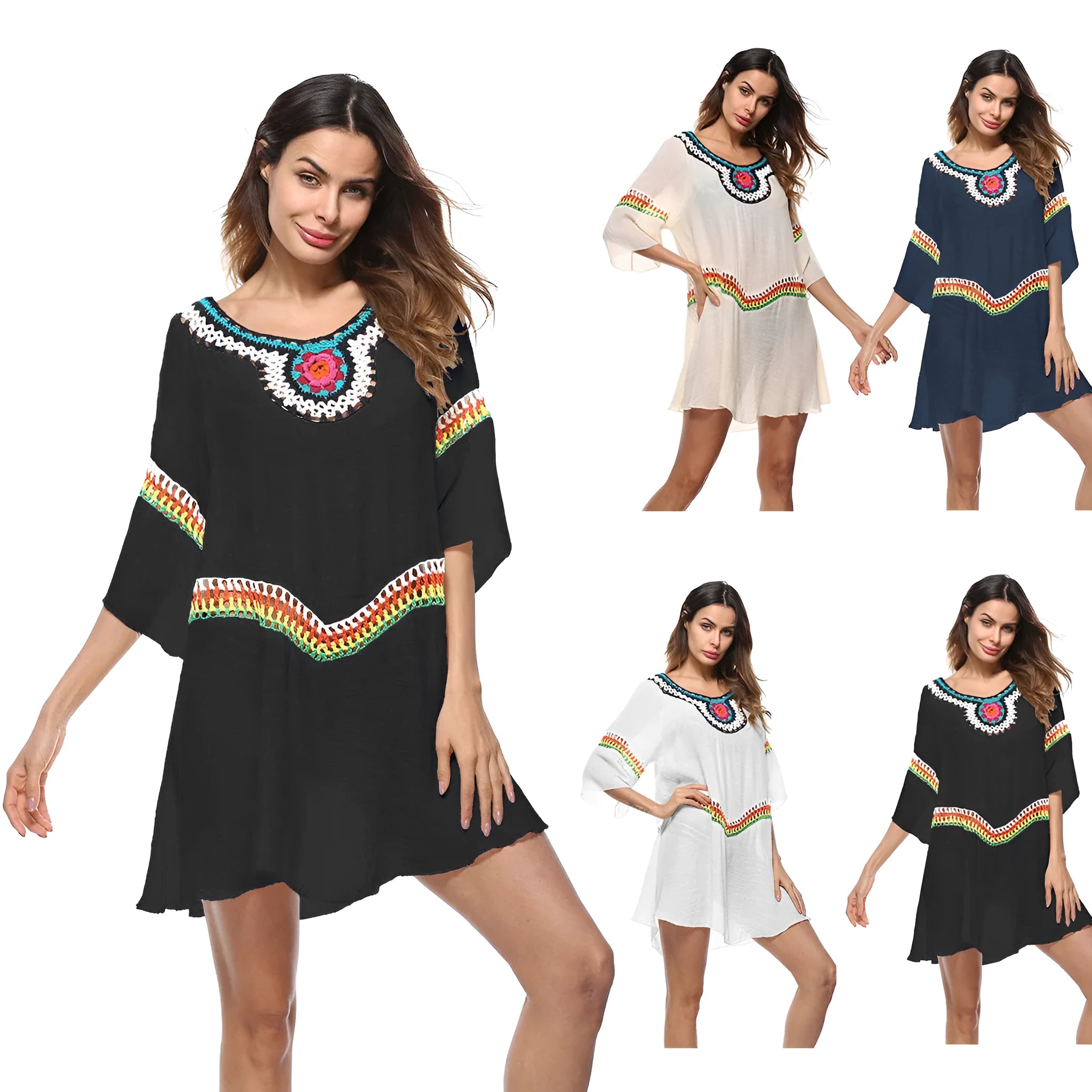 Women's crocheted white beach cover-up top for sun protection during swimming.
