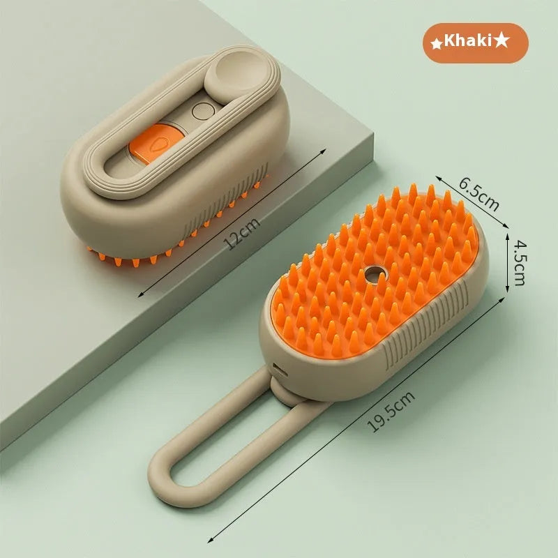Dog grooming spray massage comb kit with wash-free essence bottle, shown in khaki colour.