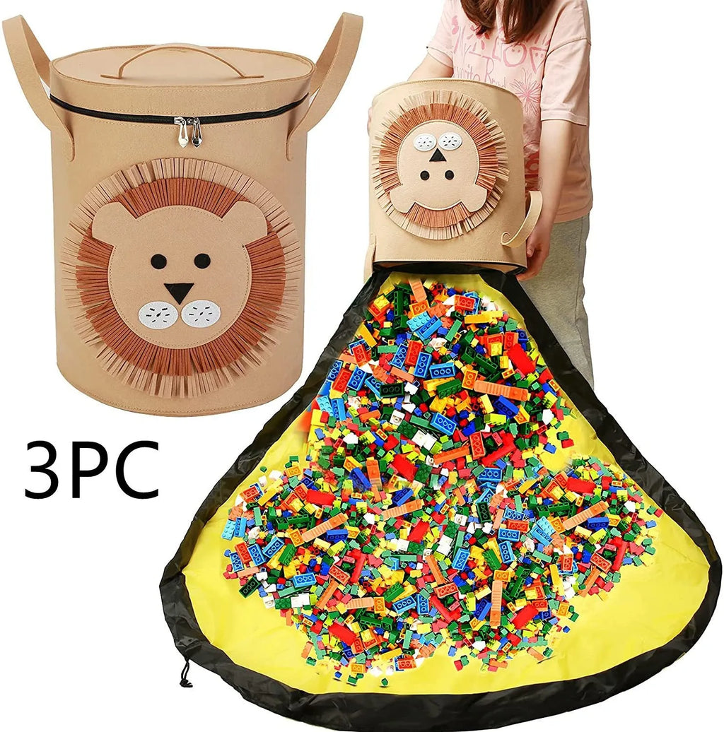 Green felt cube storage bag with pull rope shown as both a toy play mat and closed storage container