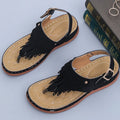 Women's Roman cutout thong wedge sandals with buckle closure in black, microfiber upper and polyurethane sole