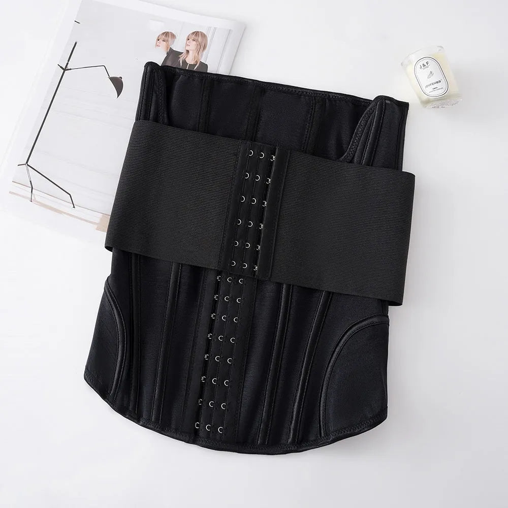 Nylon waist training belly band showing adjustable belt tie in black and apricot colour options