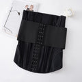 Nylon waist training belly band showing adjustable belt tie in black and apricot colour options