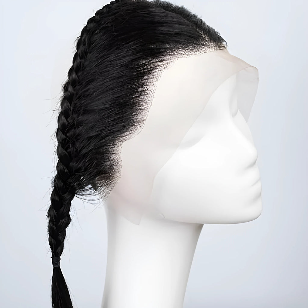 10 inch black pre braided wig with lace frontal and straight bangs on a mannequin head