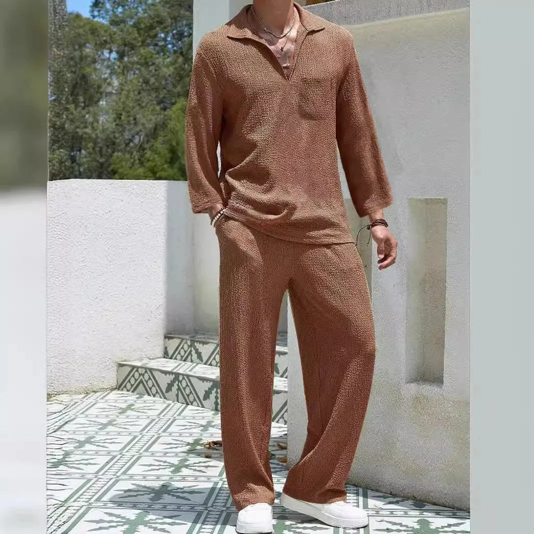 Men's casual polyester shirt trousers suit set in lake blue colour, showing complete two-piece outfit