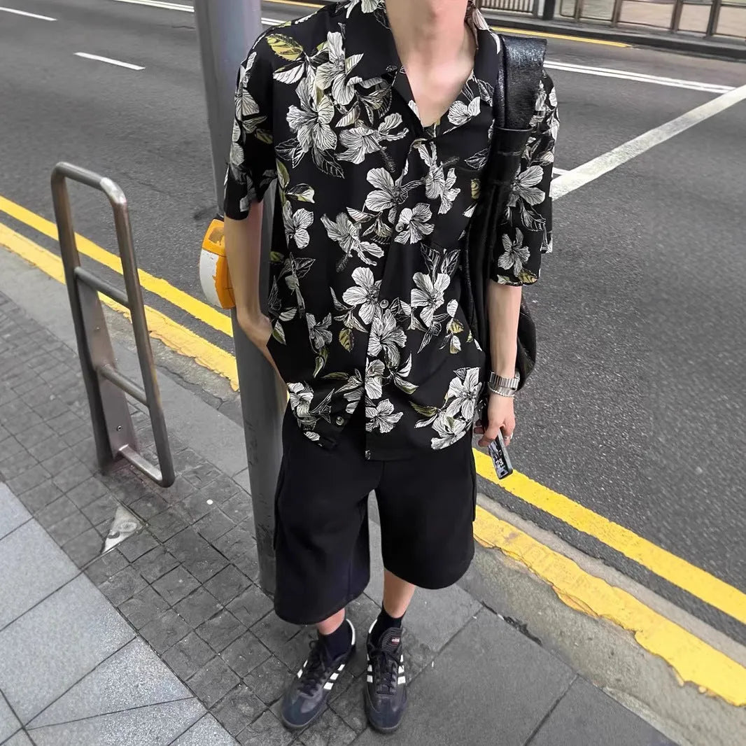 Black floral print mens shirt with vintage Cuban collar and short sleeves made from ice silk fabric