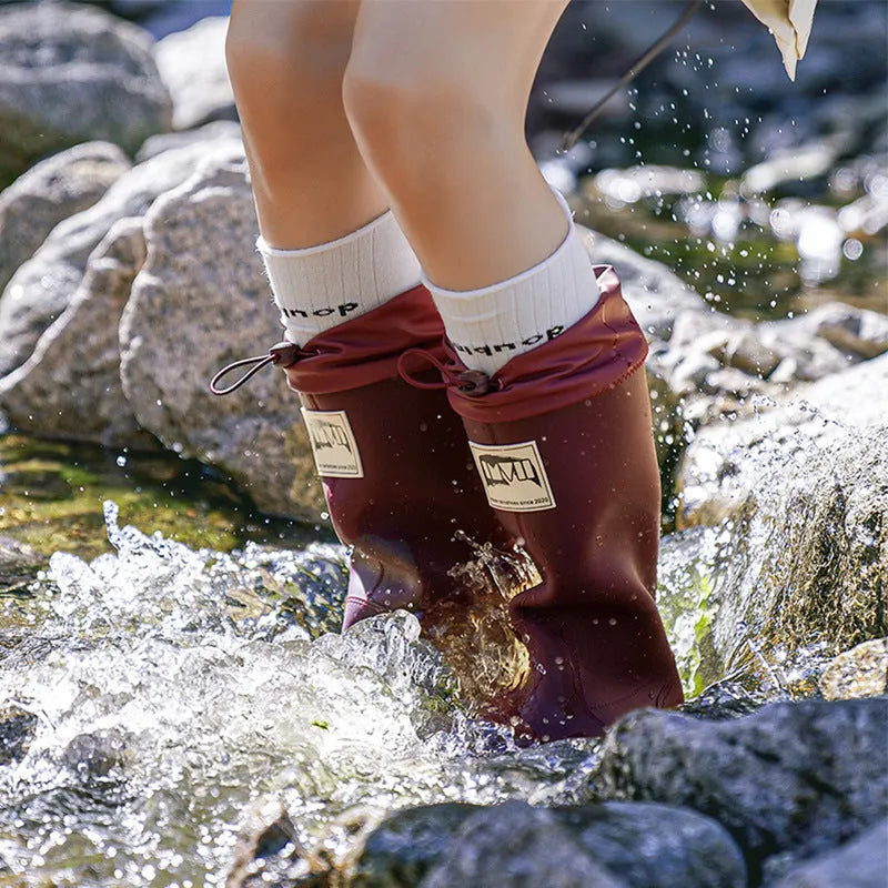 Couple PVC platform high tube rain boots in solid colour for outdoor camping waterproof non-slip