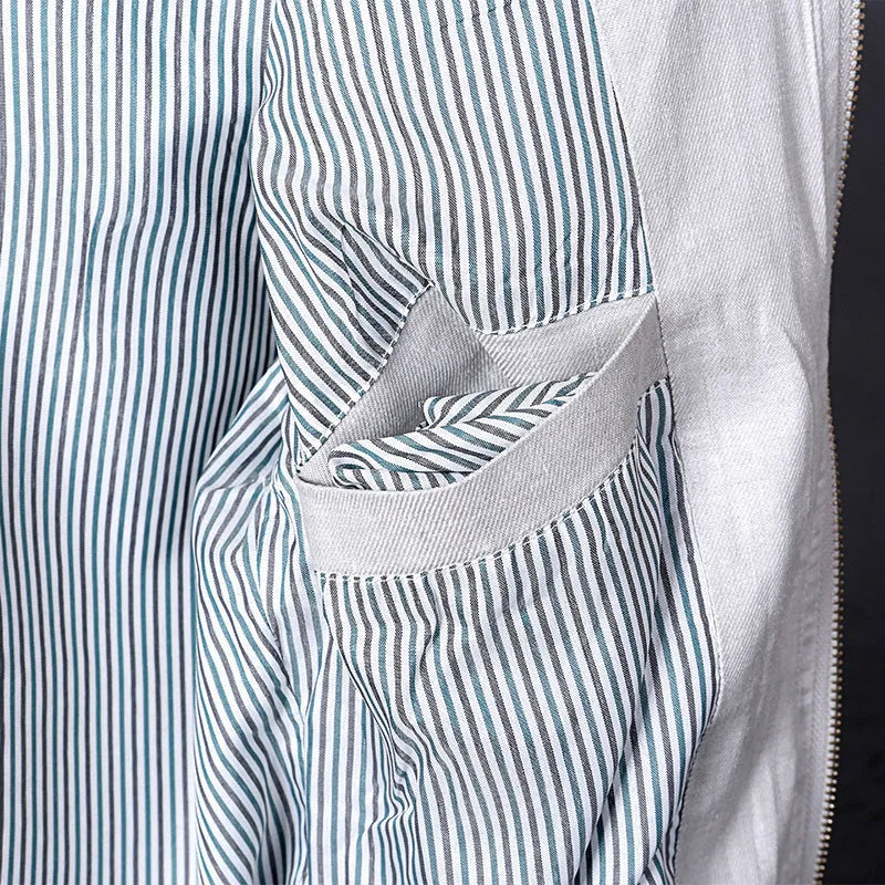 Men's thin blue cotton linen jacket with long sleeves, shown on a hanger.