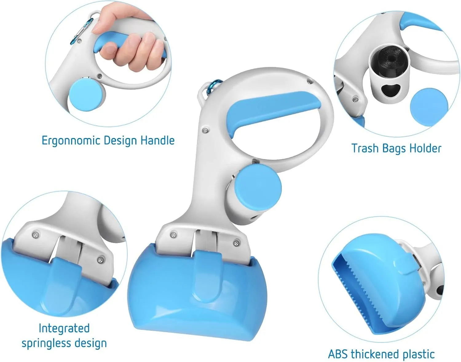 A blue plastic pet pooper scooper with a built-in holder for a roll of waste bags.