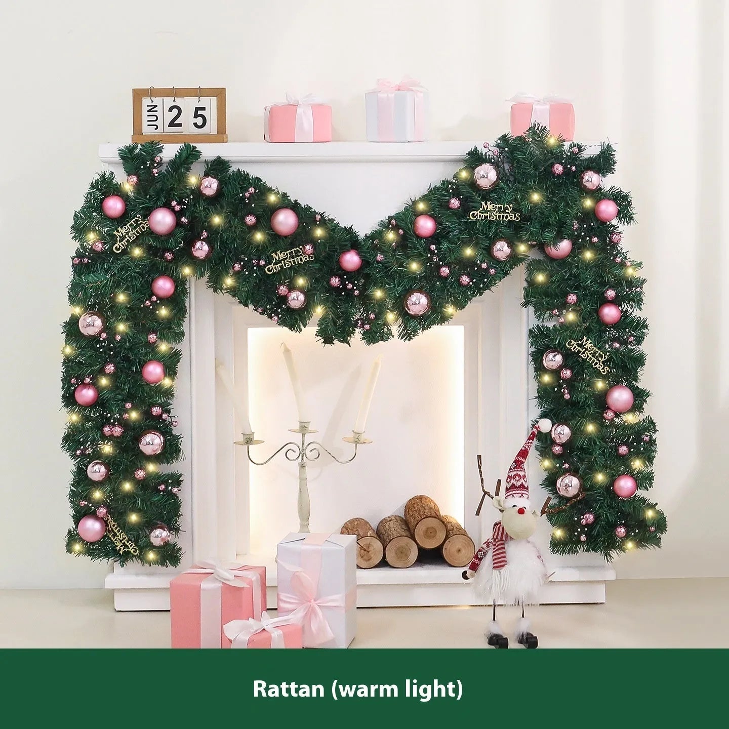 Pink Korean-style Christmas rattan garland decoration measuring 2.7 metres long with small fruit details.
