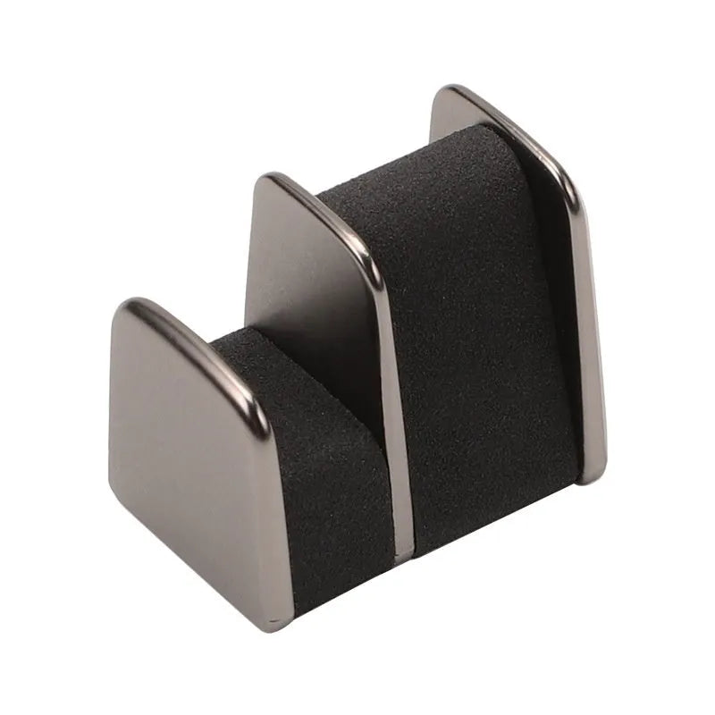 Zinc alloy and leather car dashboard clip for holding glasses in black, grey, green, or red.